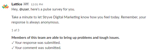 Screenshot of a Lattice pulse survey in Slack