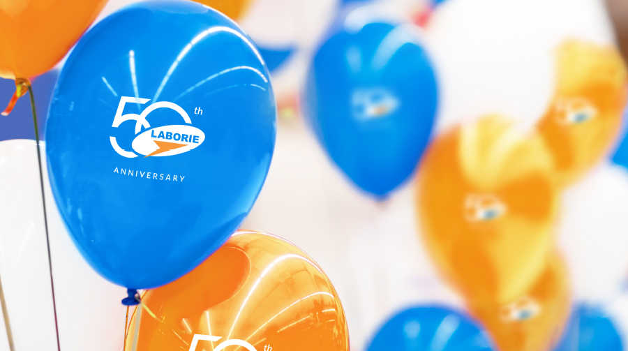 LABORIE's 50th anniversary logo applied to balloons