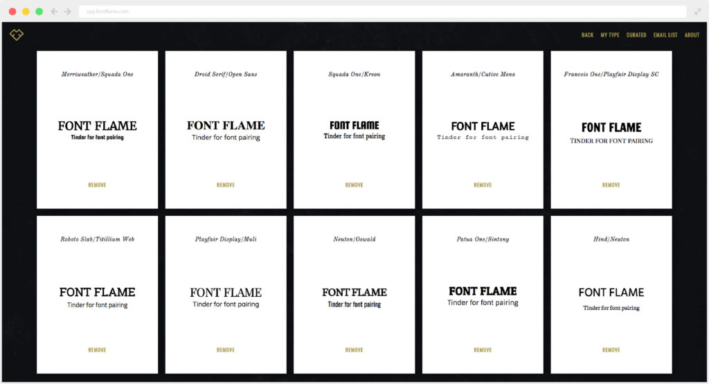 My Type section of Font Flame. This is the collection of saved font pairings you loved.