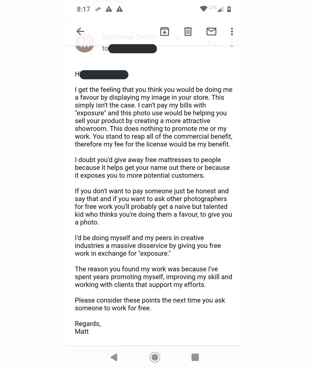 Email responding to a request for a creative to work for exposure.