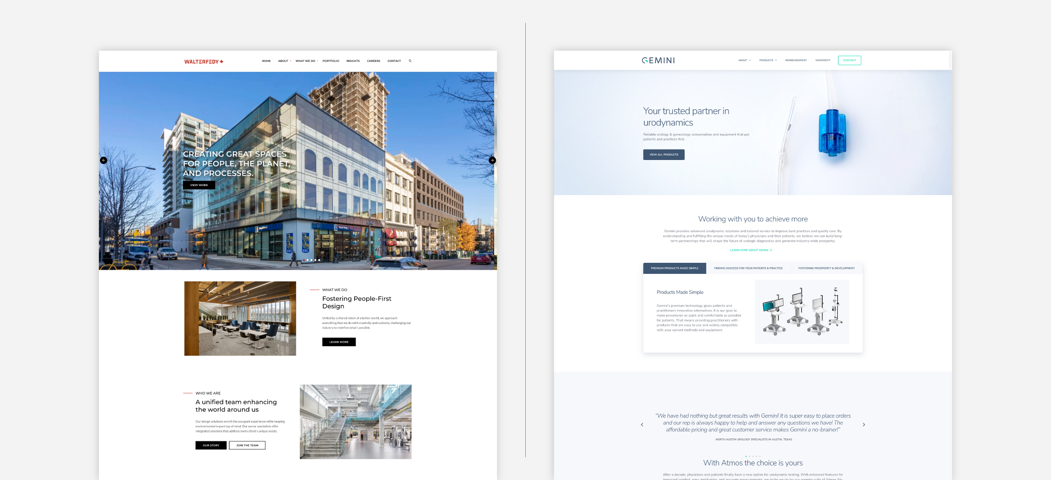 Screenshots of WalterFedy (AEC) and Gemini's (medtech) homepages demonstrating these previously mentioned design choices.