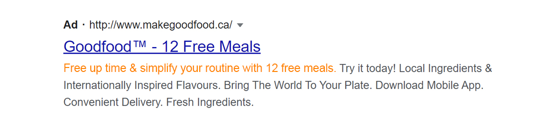 An example of a Goodfood Google Search ad with great ad copy