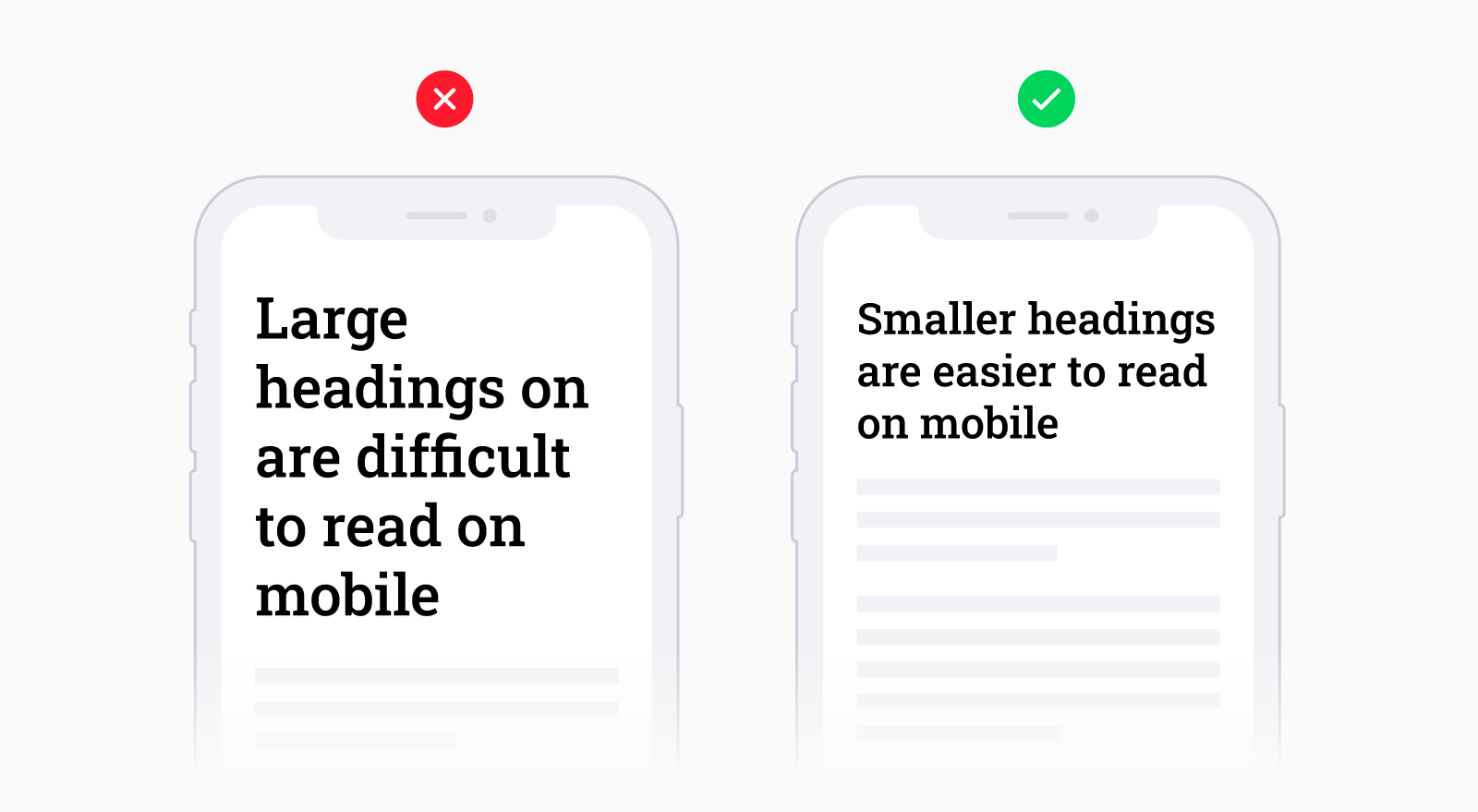 Example of headings that are too large on mobile vs. headings that are properly sized for mobile