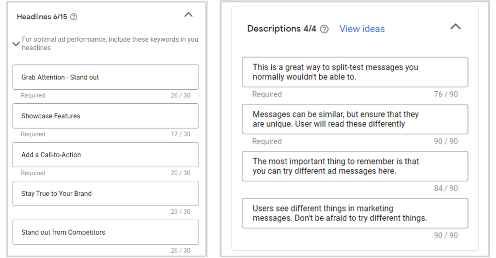 The interface when creating responsive search ads (RSAs)