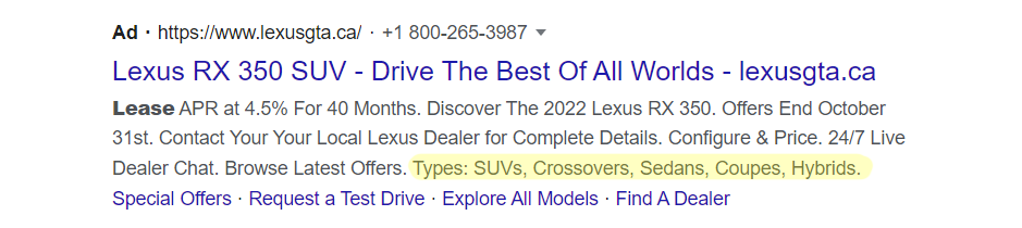 Example of Structured Snippets in an ad