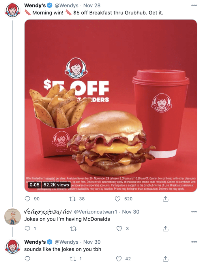 A tweet from Wendy's showing them 'roasting' a user.