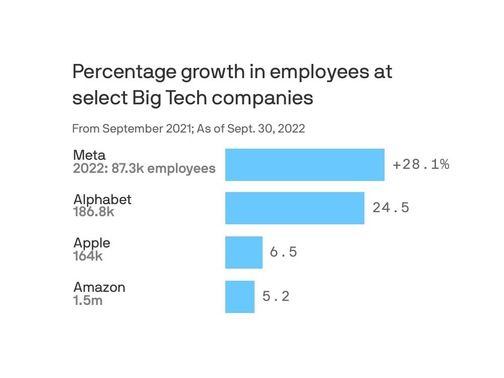 Chat showing the percentage growth in employees at select Big Tech companies.