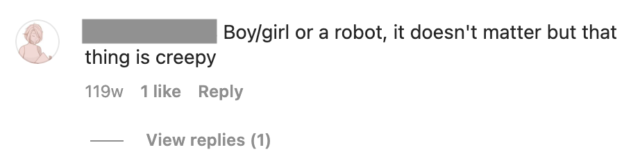 Screenshot of a comment on Lil Miquela's Instagram. https://www.instagram.com/p/CFDOFl4HB9w/