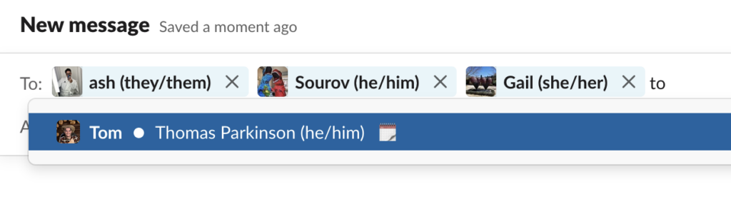 Example of pronouns being visible on Slack