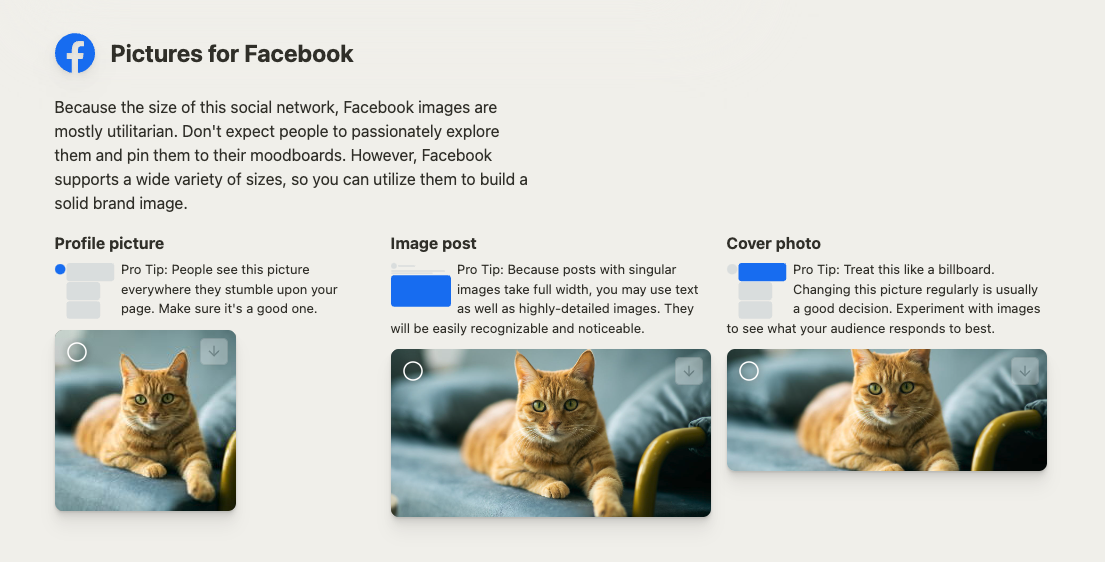 Example showing the different image sizes for Facebook