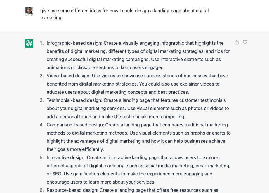 Example of a ChatGPT prompt and output describing ideas for designing a landing page about digital marketing.