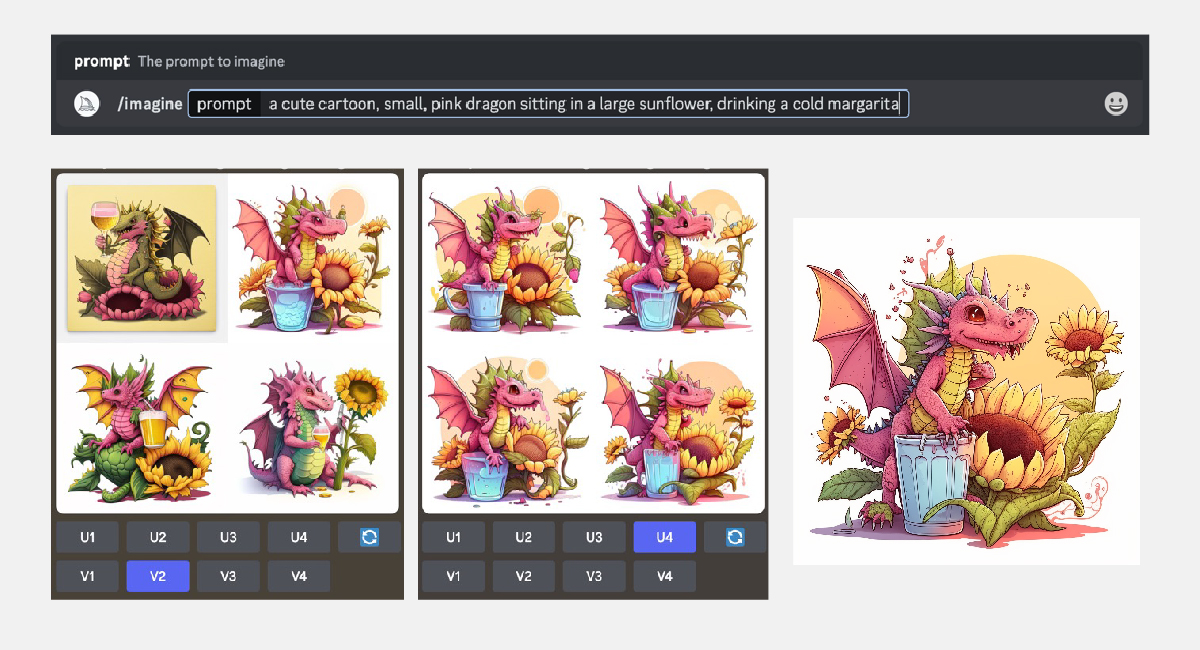 Illustrations of a pink dragon with sunflowers created by Midjourney. It shows the prompt used, which was "a cute cartoon, small, pink dragon sitting in a large sunflower, drinking a cold margarita"