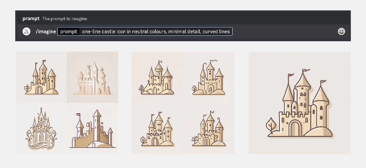 Logo options of a castle created by Midjourney. The prompt was "one-line castle icon in neutral colours, minimal detail, curved lines"