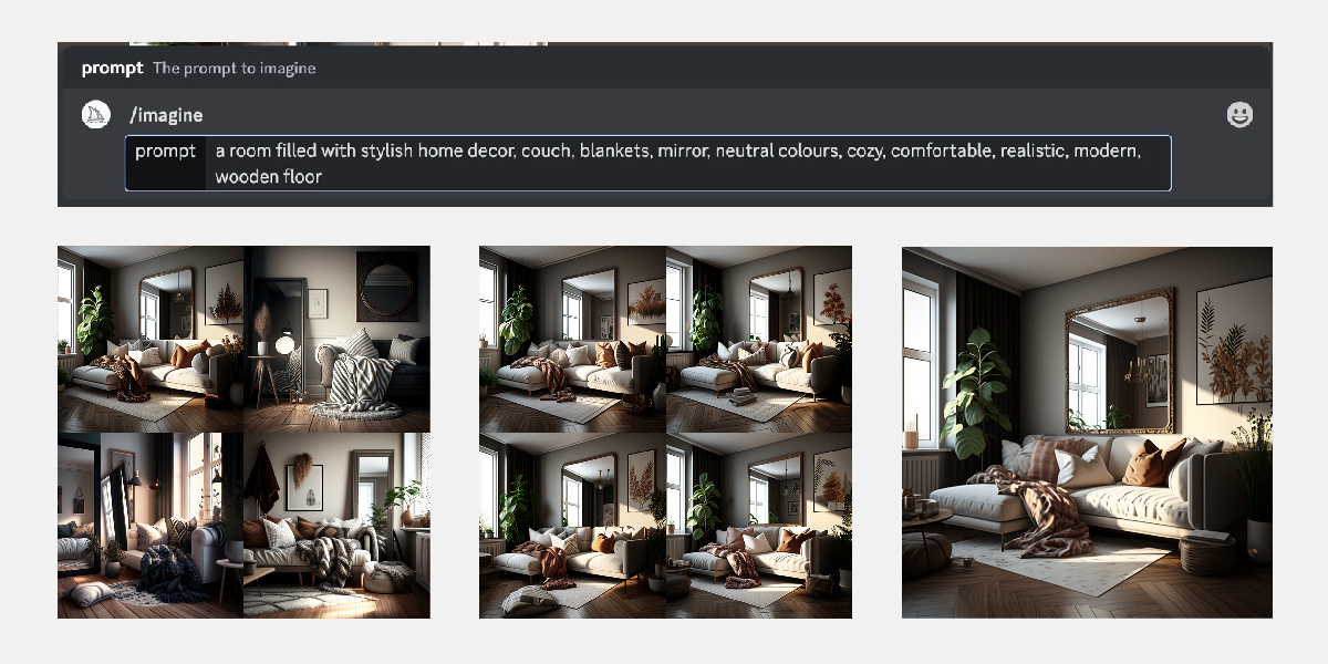 A screenshot of the prompt used to generate a fake interior design photo with Midjourney. The prompt was "A room filled with stylish home decor, couch, blankets, mirror, neutral colours, cozy, comfortable, realistic, modern, wooden floor"