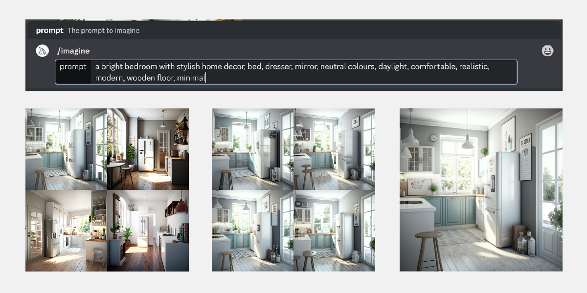 A screenshot of the prompt used to generate a fake interior design photo with Midjourney. The prompt was "A bright bedroom with stylish home decor, bed, dresser, mirror, neutral colours, daylight, comfortable, realistic, modern, wooden floor, minimal"