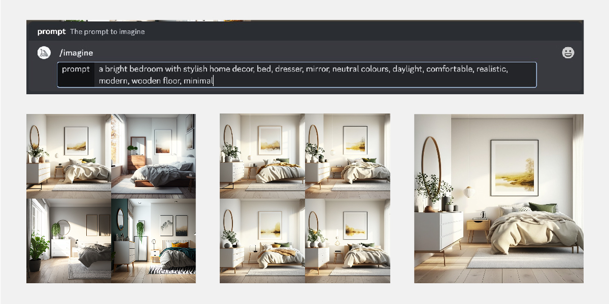 A screenshot of the prompt used to generate a fake interior design photo with Midjourney. The prompt was "A bright bedroom with stylish home decor, bed, dresser, mirror, neutral colours, daylight, comfortable, realistic, modern, wooden floor, minimal"