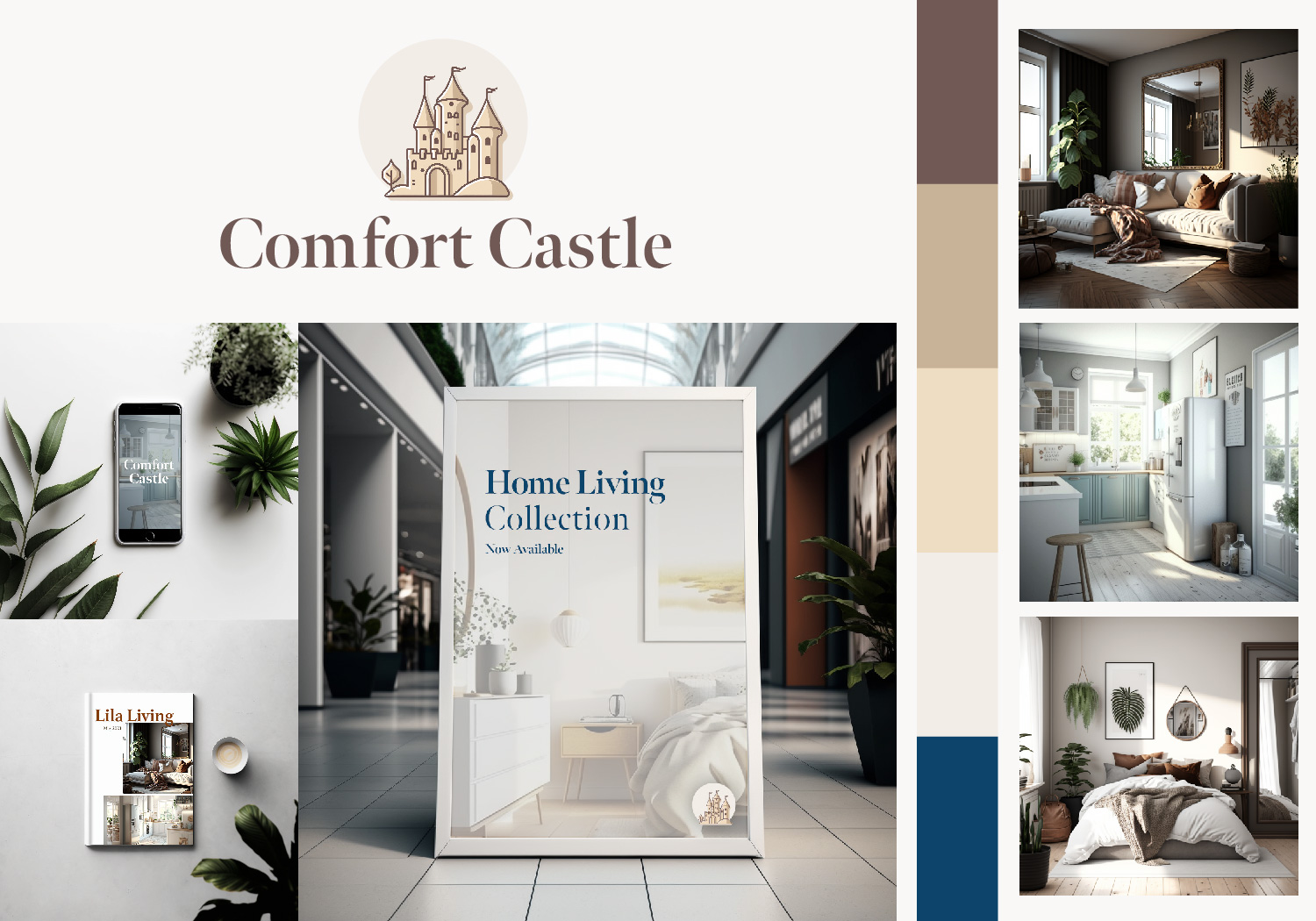 A collection of images with the logo, mockups, interiors, and colour palette.