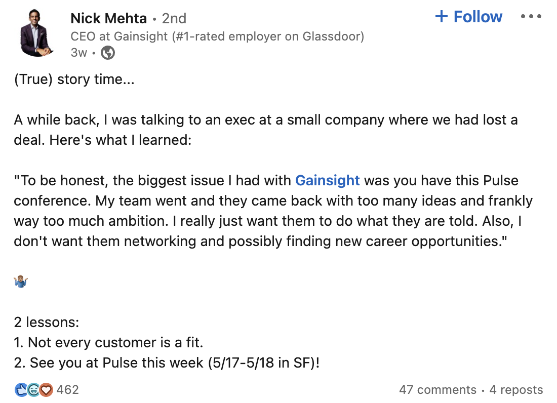 Nick Mehta LinkedIn post screenshot sharing a story