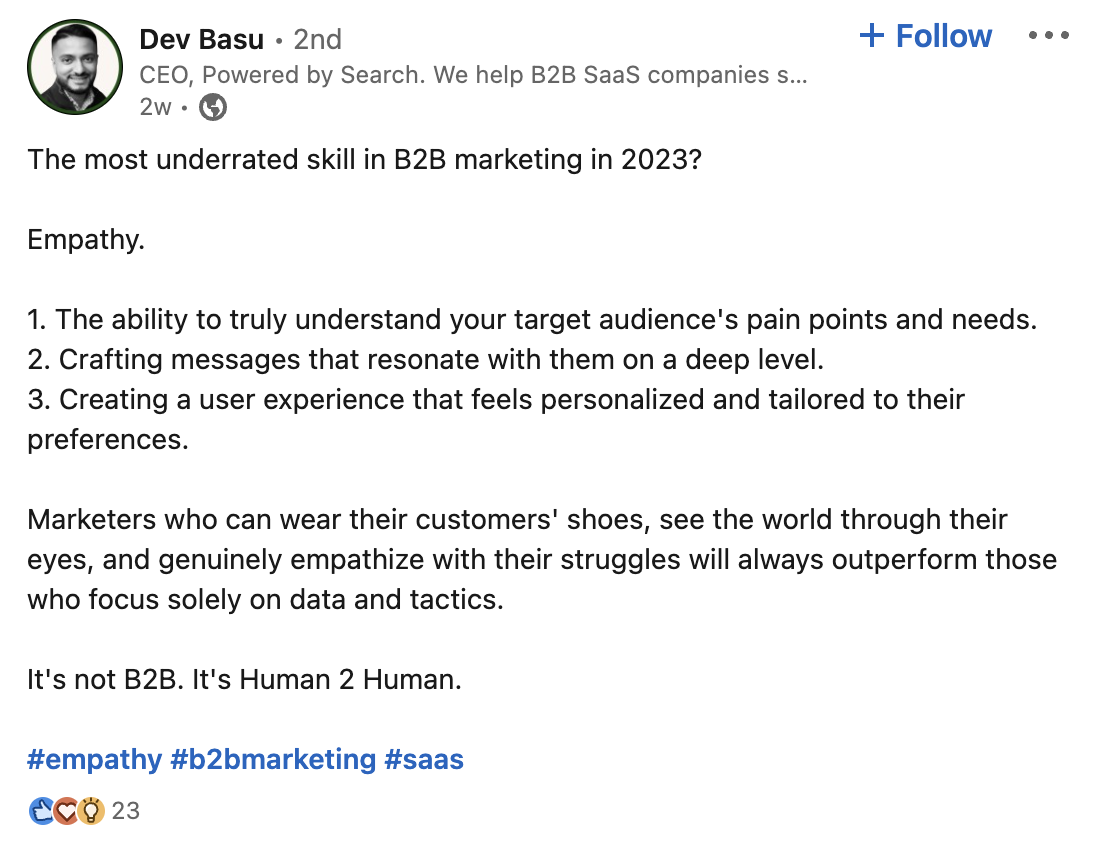 Dev Basu LinkedIn post example