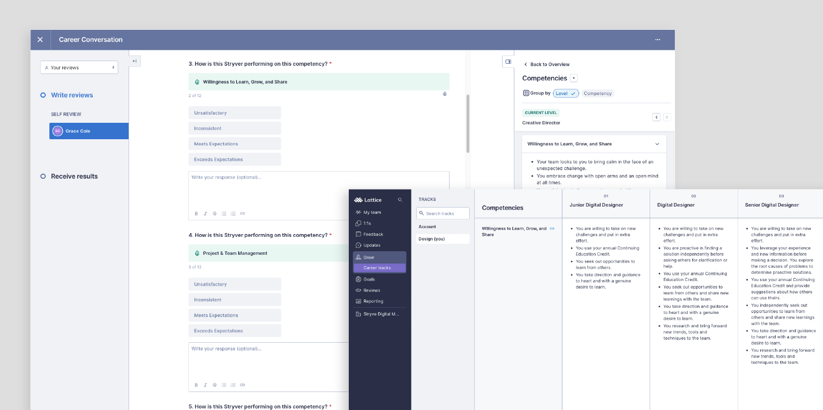 A Lattice screenshot showing Stryve's design career trajectory and a part of our career conversation.