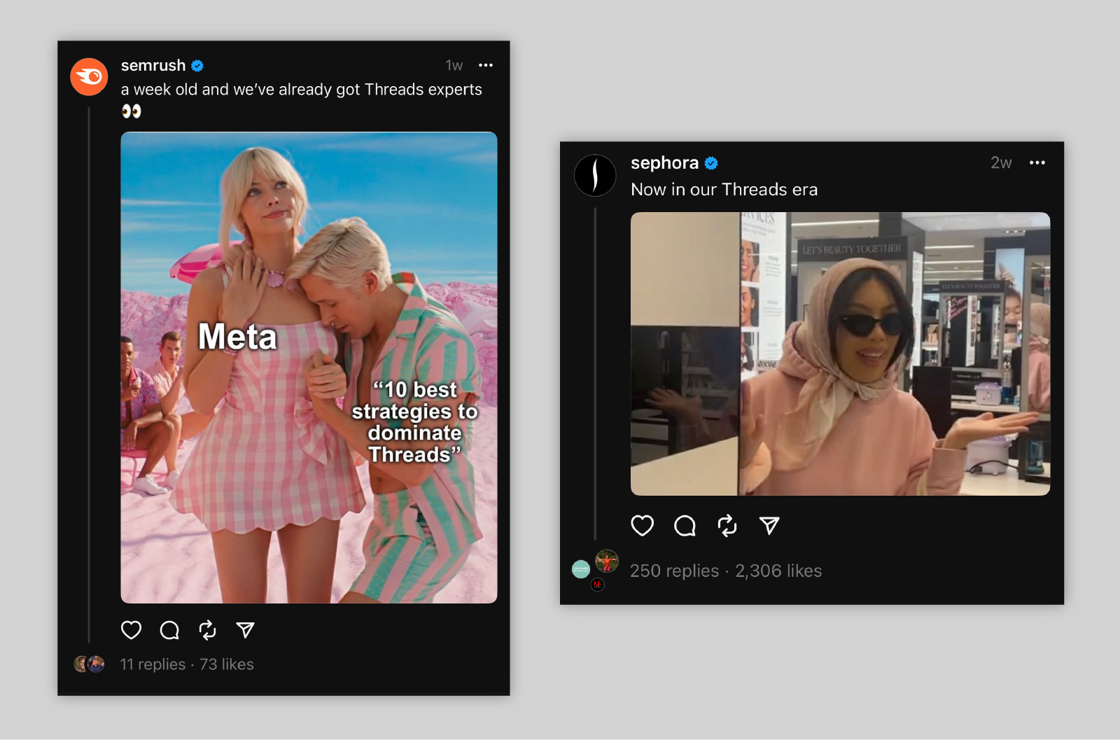 Examples of brands taking part in meme culture on Threads