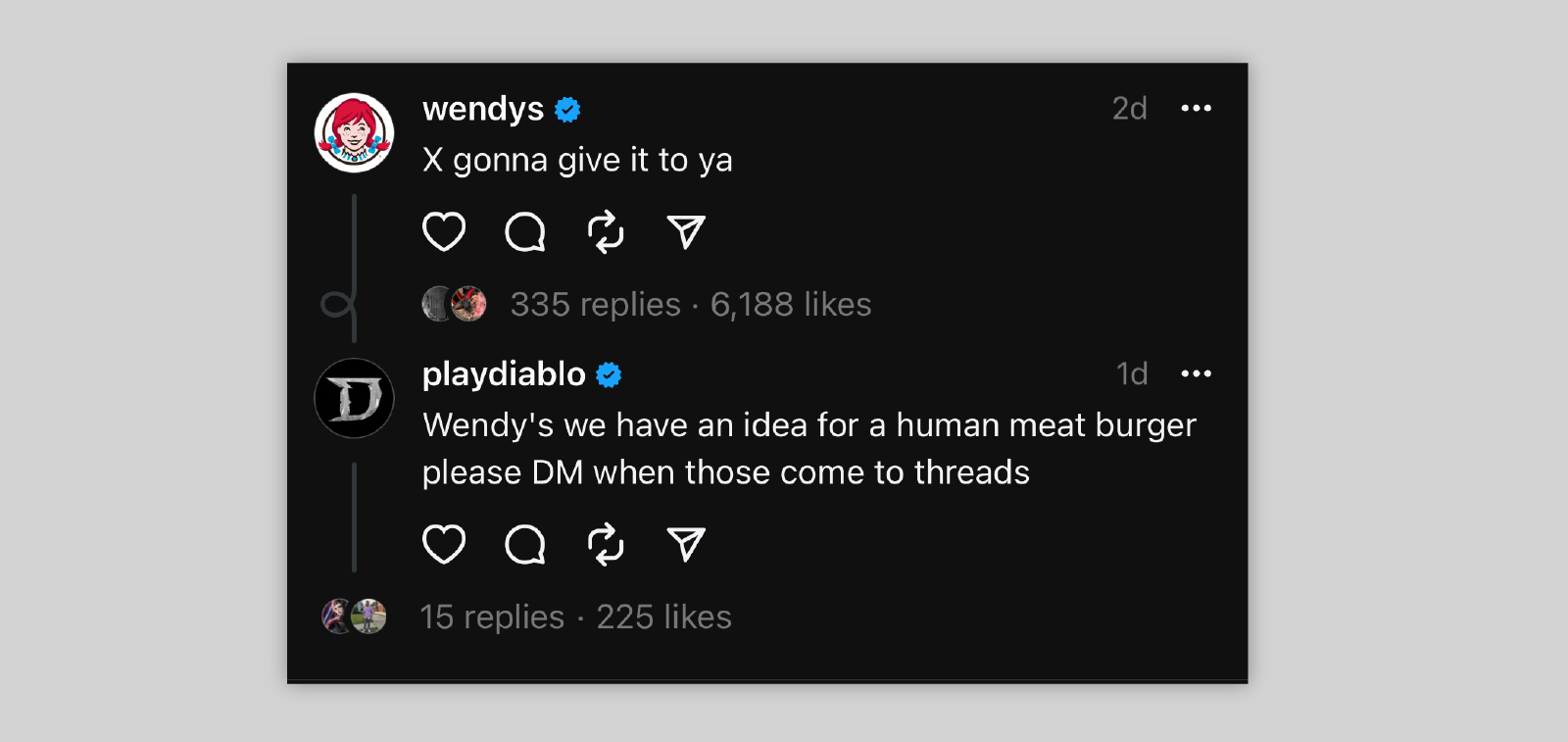 Two brands having a playful exchange on Threads