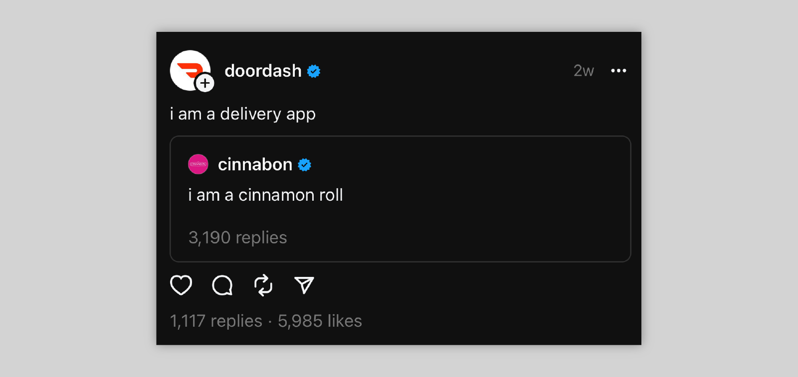 A post on threads by doordash "i am a delivery app"