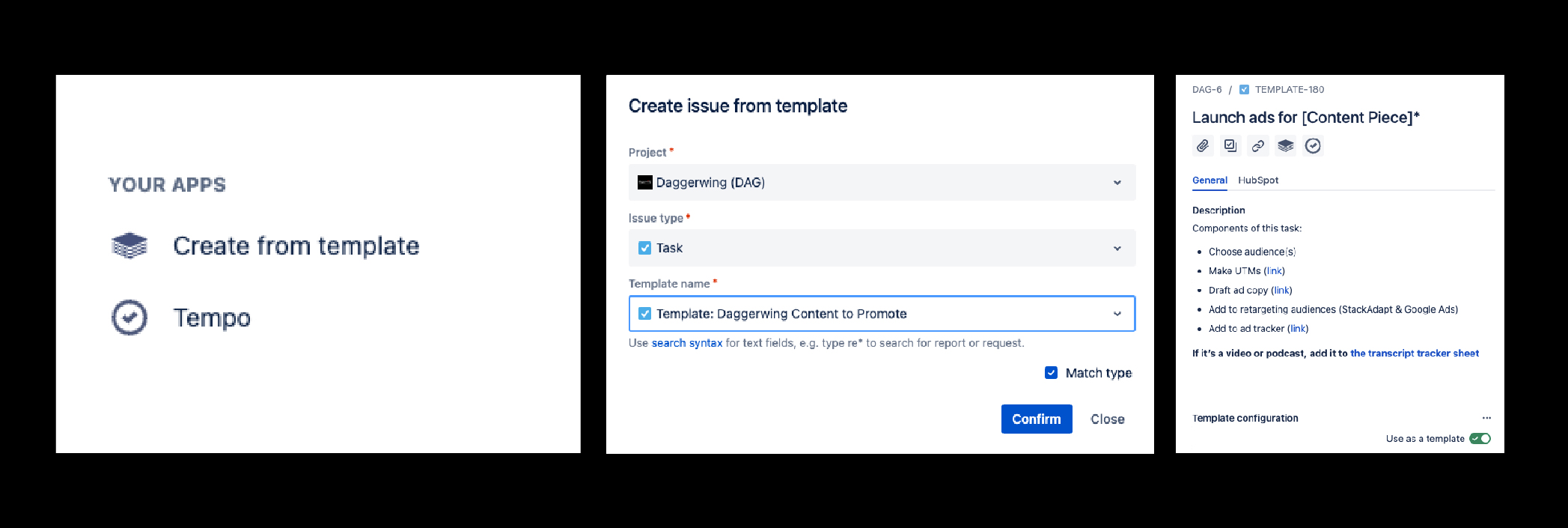 Screenshots from Jira showing how to create tasks from a template.