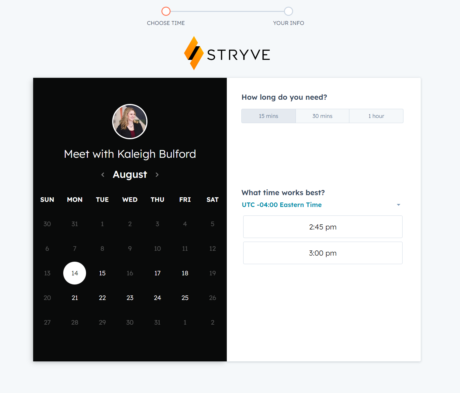 Screenshot of HubSpot's meeting scheduling tool.