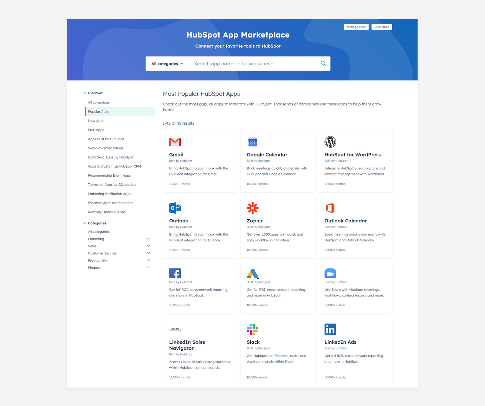 Screenshot of the HubSpot App Marketplace
