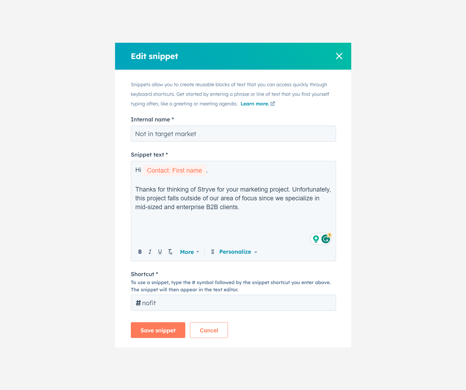 An example of a HubSpot Snippet.