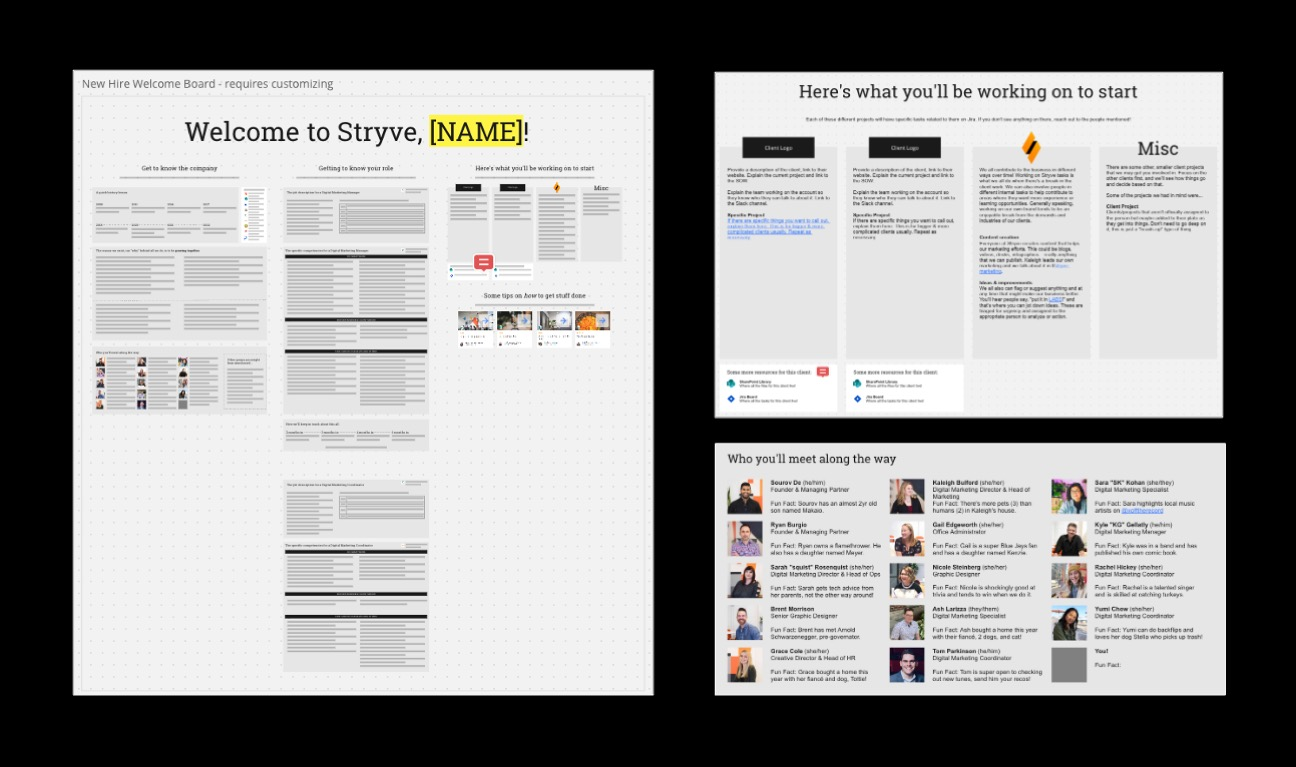 A screenshot of a Miro board template we use for employee onboarding.