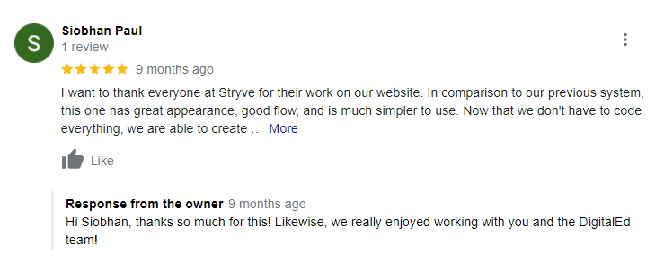 Example of a Google review from one of Stryve's clients.