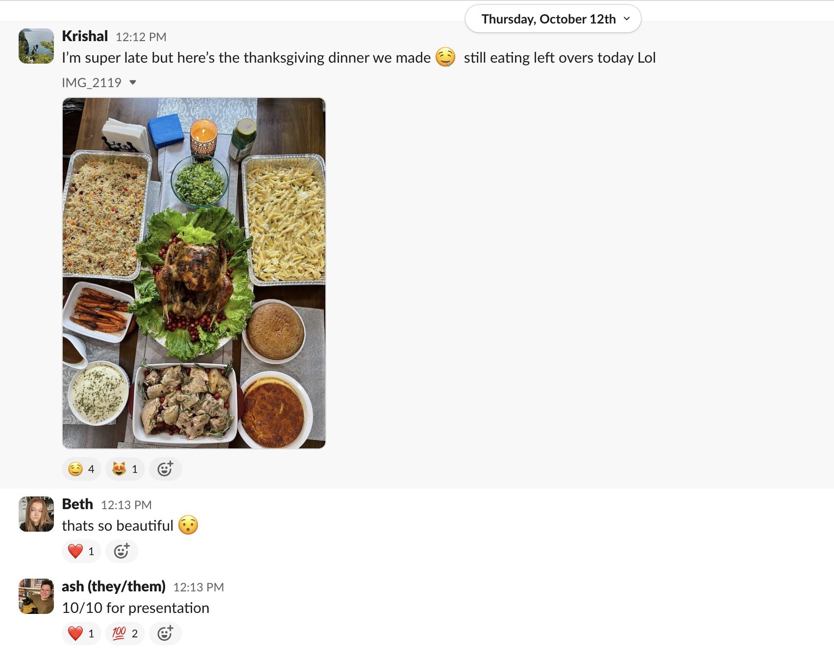 A screenshot of our team chatting in our food-related Slack channel.