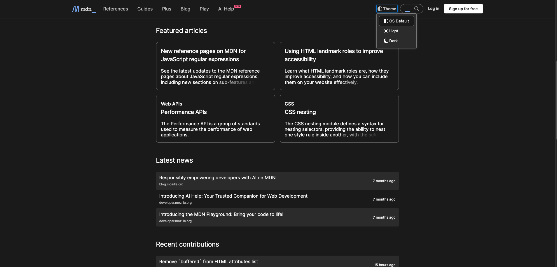 MDN Web Docs Website in dark mode.