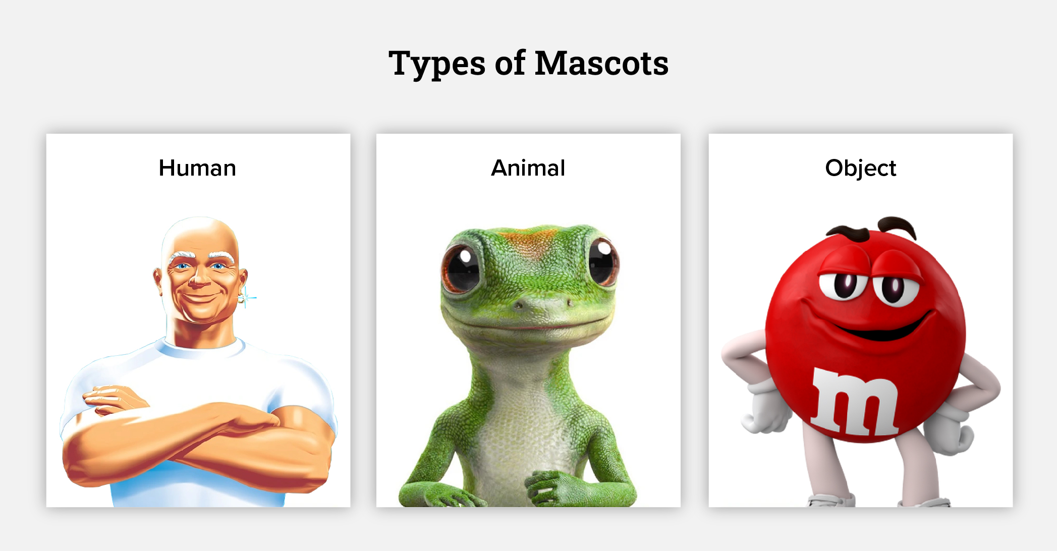 Types of mascots: human, animal, object