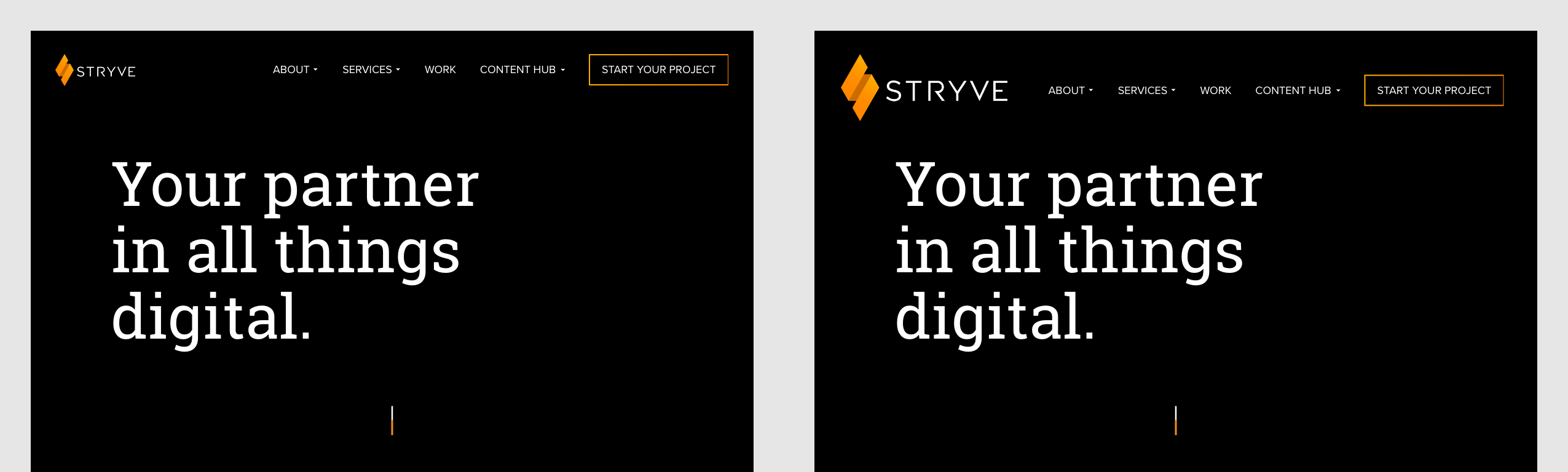 Before and after of Stryve's homepage with the logo a appropriate size and one where it's too big.