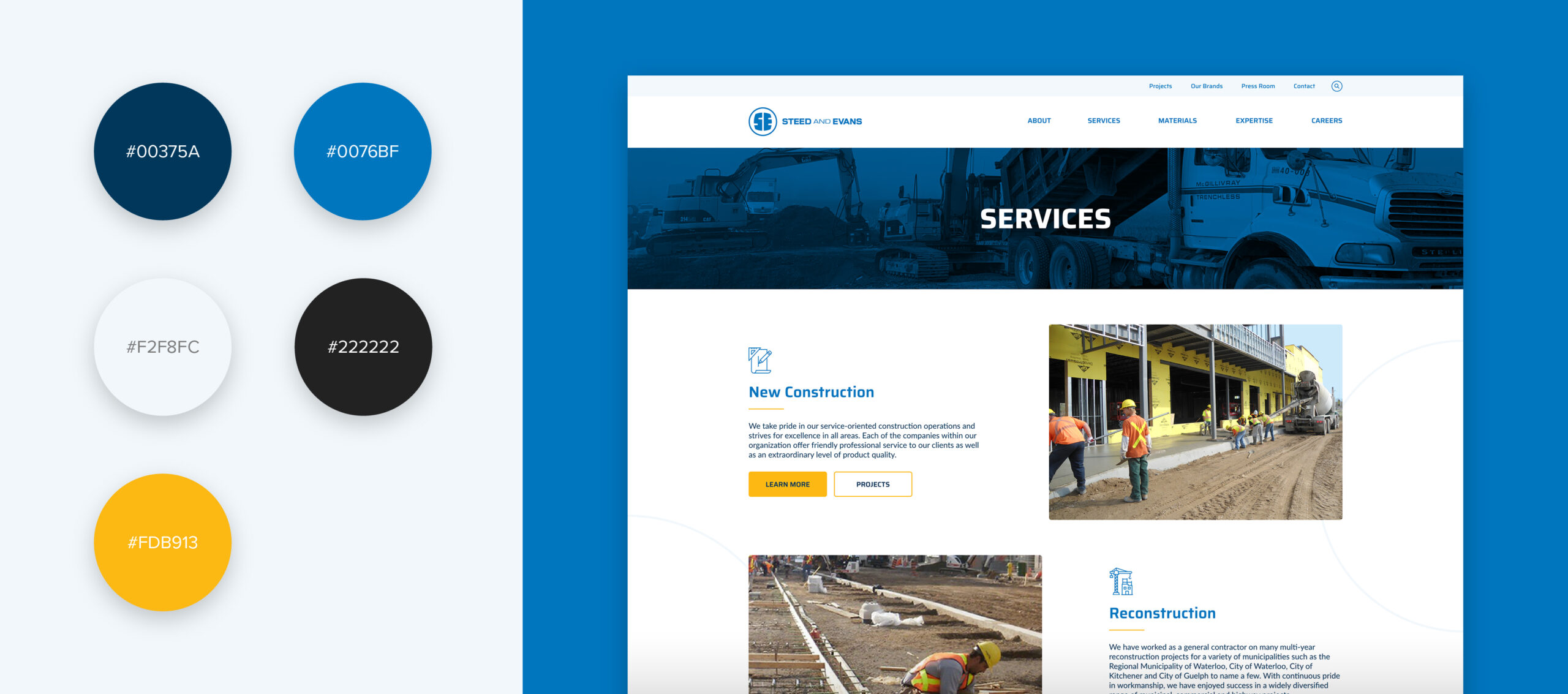 Steed and Evans colour palette beside the services webpage.