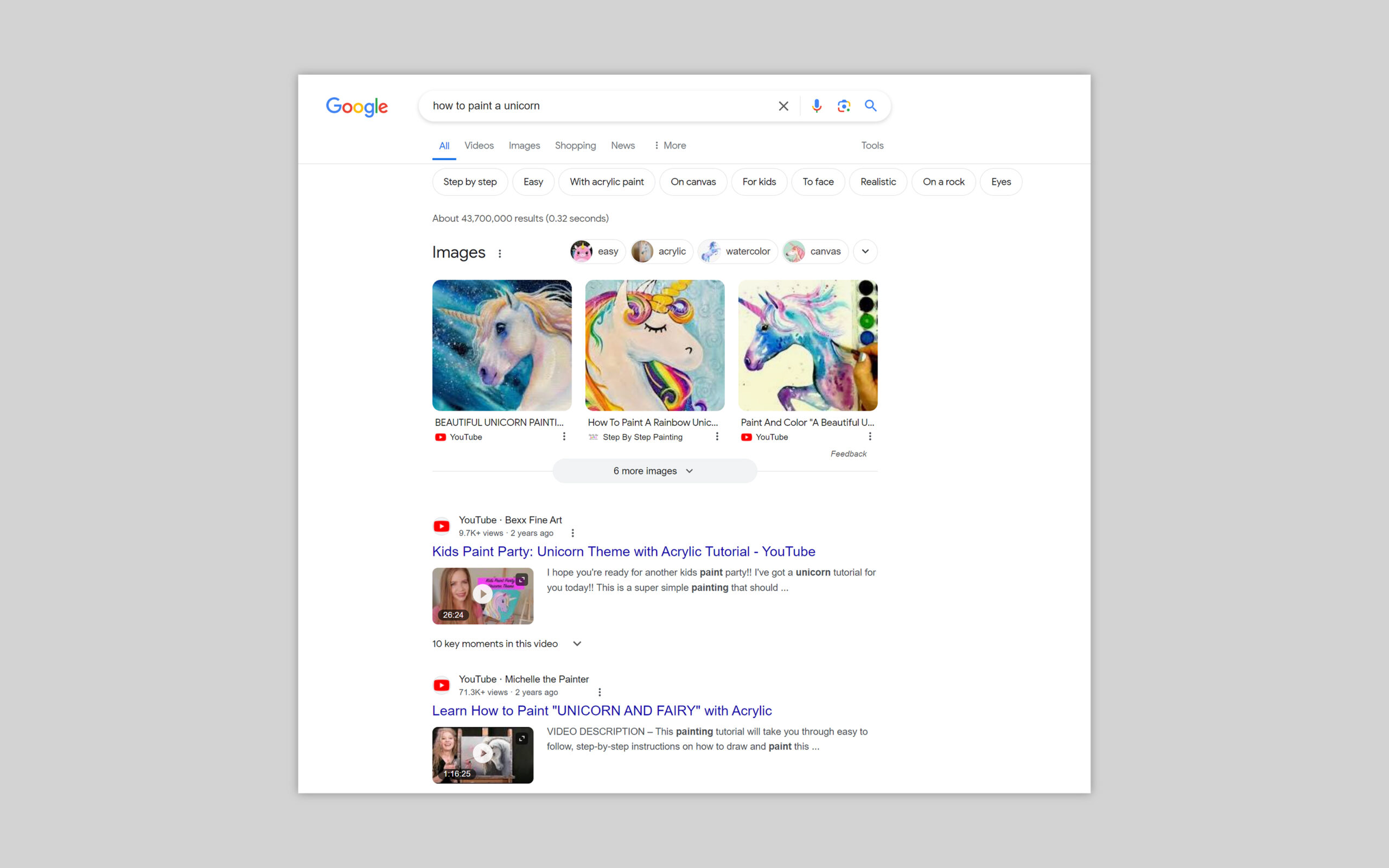Screenshot of the Google search results for 'how to paint a unicorn' demonstrating several locations you can rank.