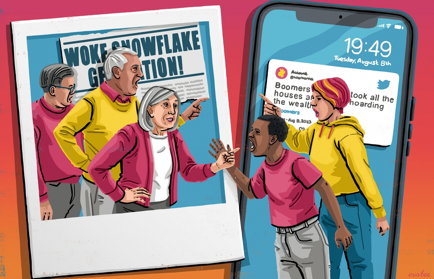Illustration of older people arguing with younger people.
