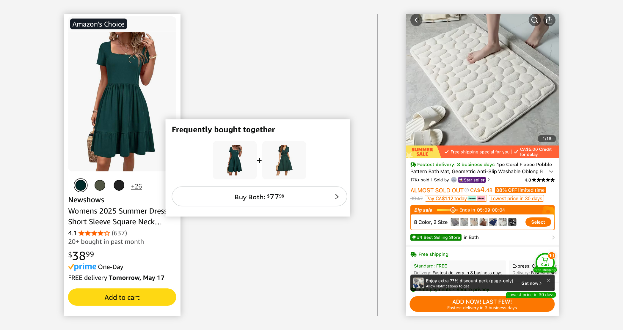 Screenshots from Amazon and Temu showing social proof in action.