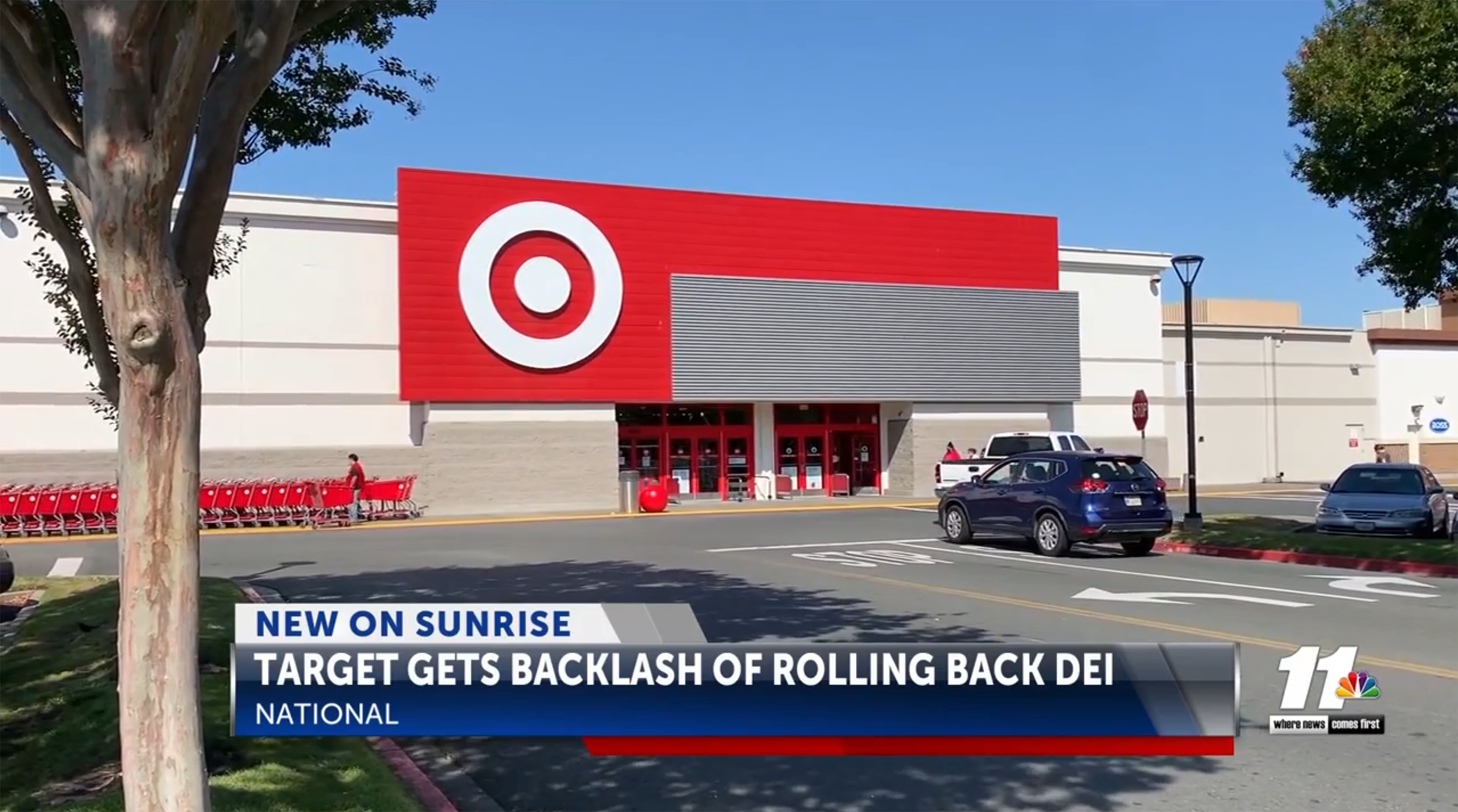Photograph of Target storefront with text overlay that says "New on Sunrise: Target gets backlash of rolling back DEI"