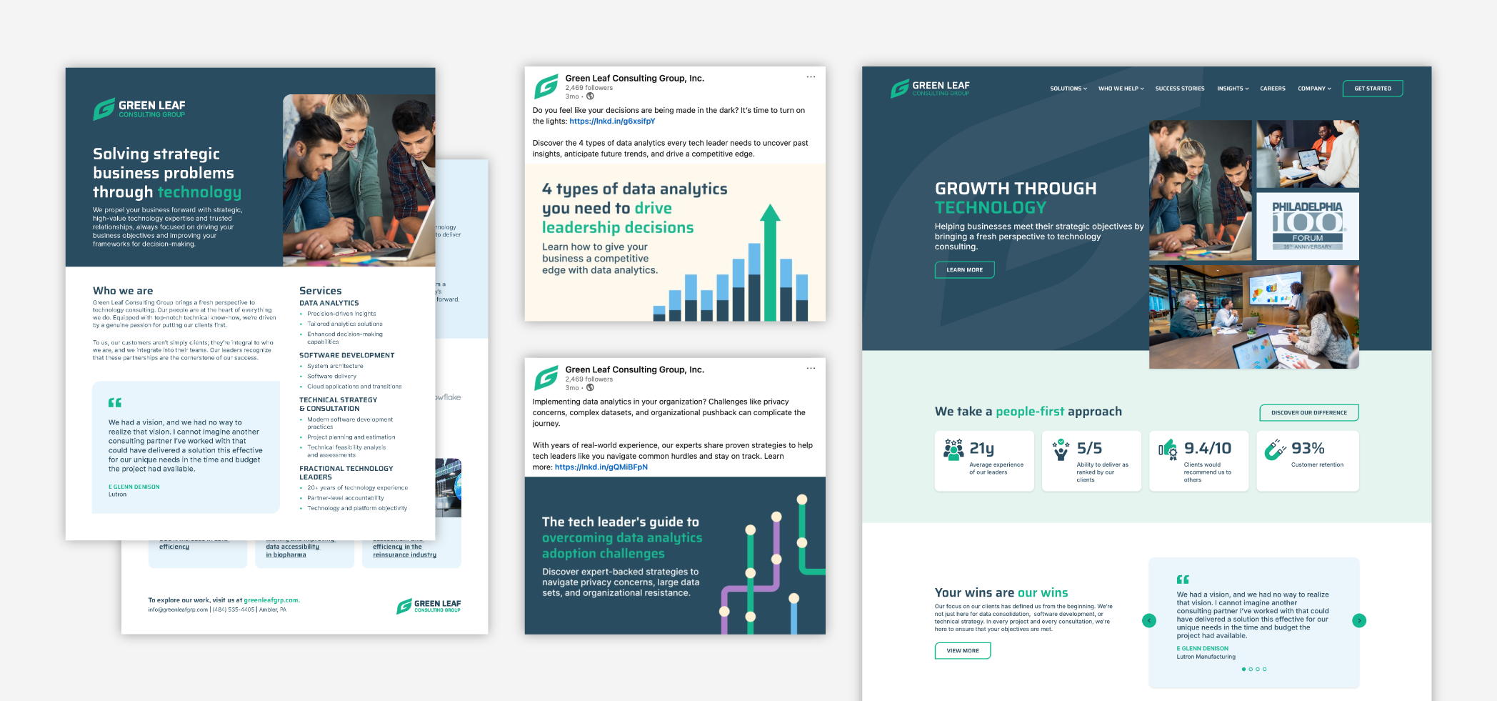 One pager, LinkedIn posts and website homepage for Green Leaf Consulting that demonstrate brand consistency after a brand refresh.