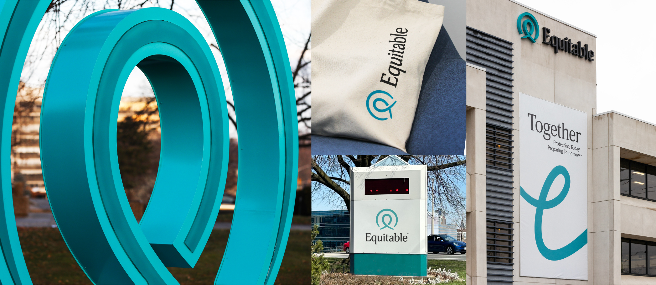 Examples of Equitable branding showcasing their new teal.