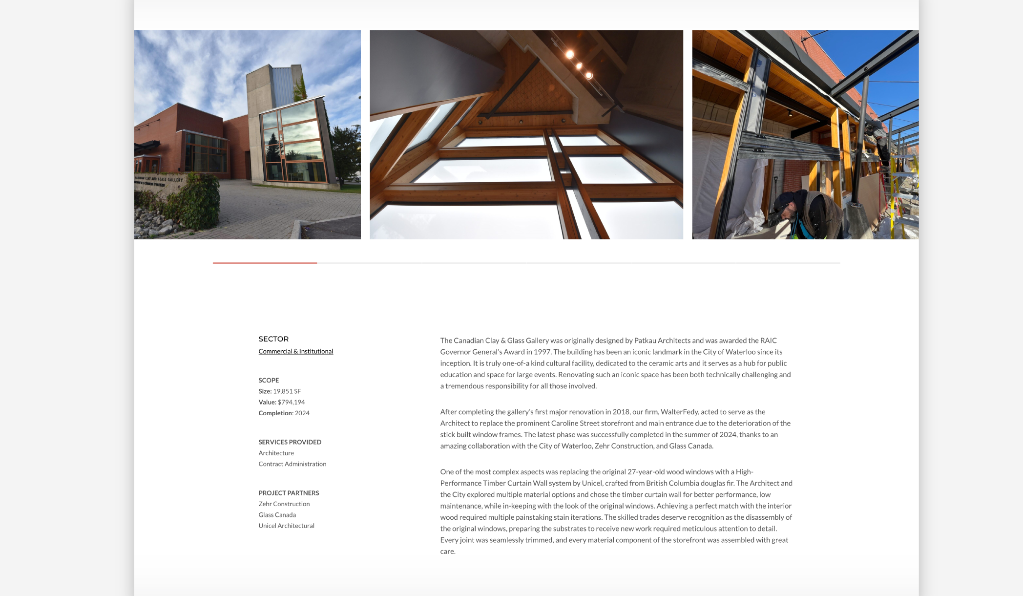 An example of quick details, such as sectore, scope, services, and partners, surfaced to be glanceable in this WalterFedy case study.