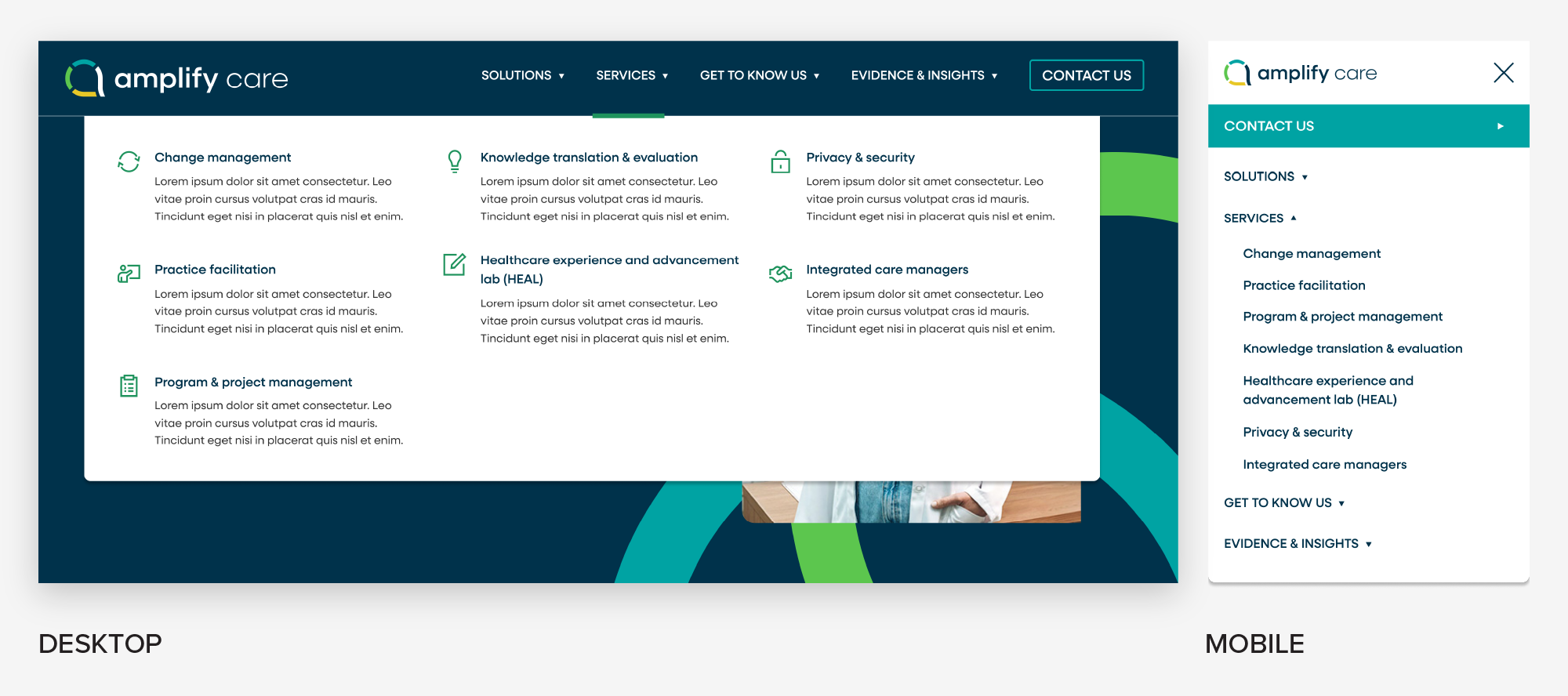 Side by side comparison of Amplify Care's desktop and mobile navigations.