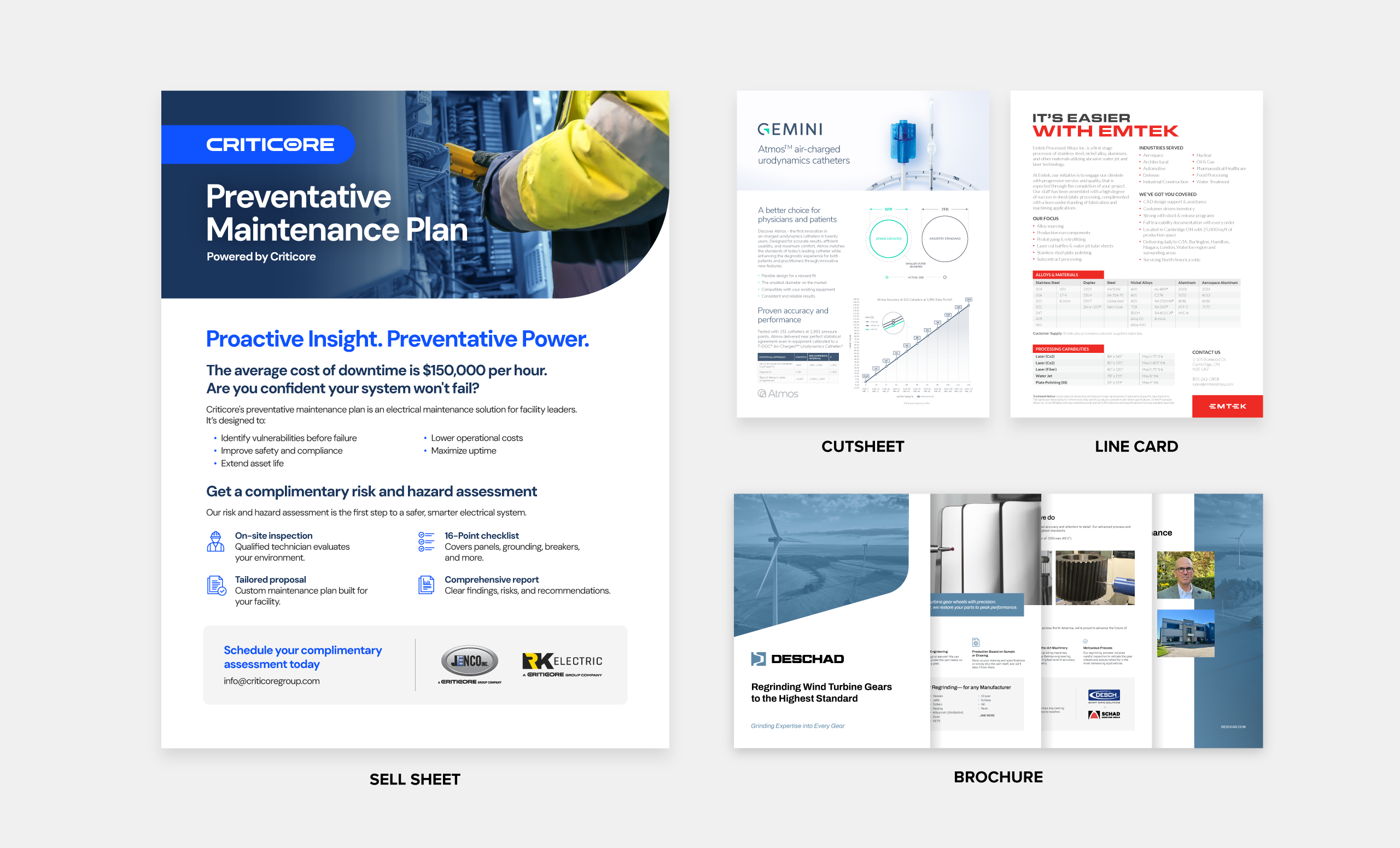 Examples of B2B collateral: sell sheet, cutsheet, line card, and a brochure