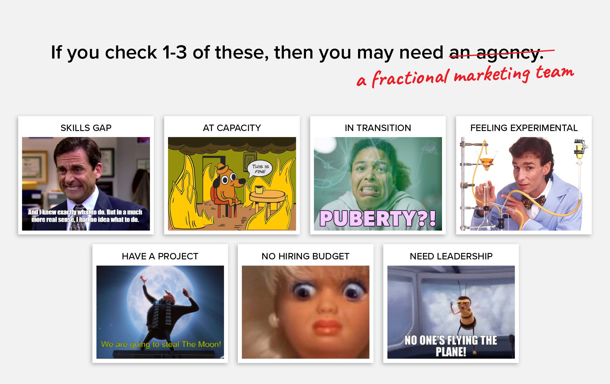 If you check 1-3 of these, then you may need a fractional marketing team: skills gap, at capacity, in transition, feeling experimental, have a project, no hiring budget, need leadership.