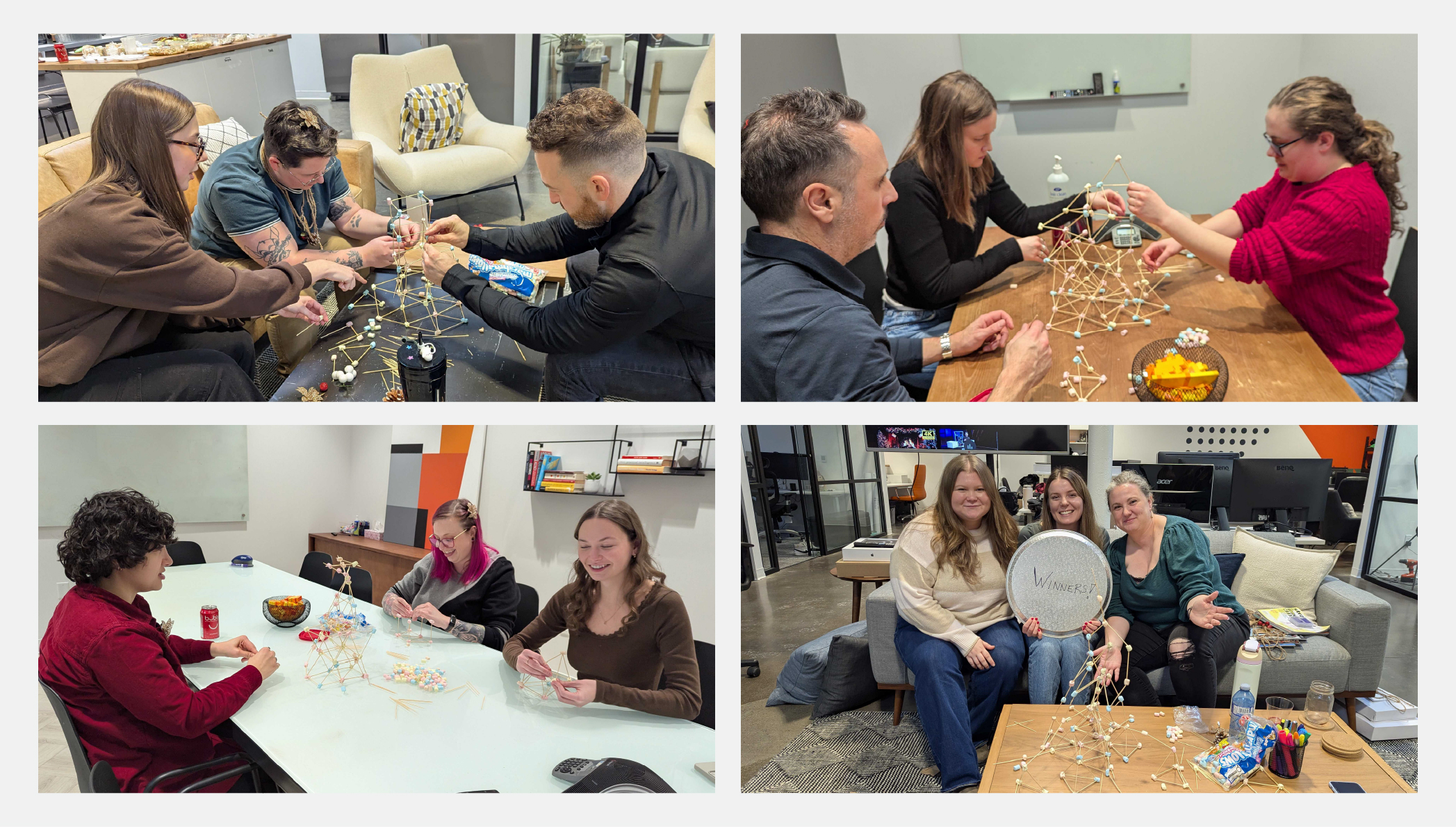 Stryve teams building their toothpick and marshmallow towers