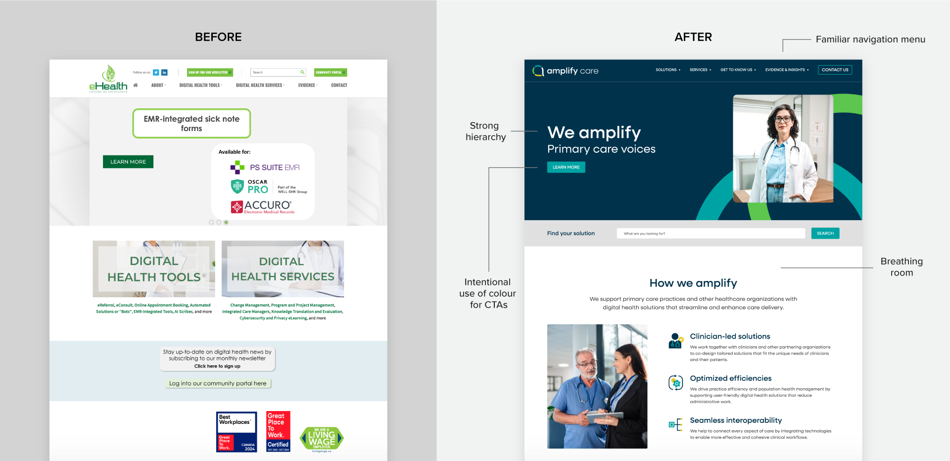 Before and after screenshots of Amplify Care's (formerly eHealth) homepage